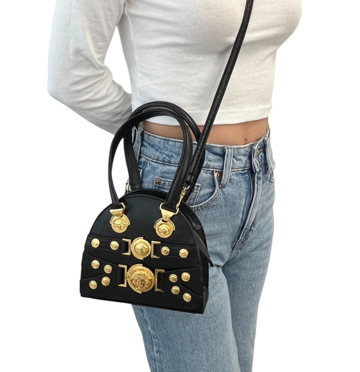 GIANNI VERSACE Vintage Medusa 2way Crossbody Mini Bag Black Gold Leather 902454