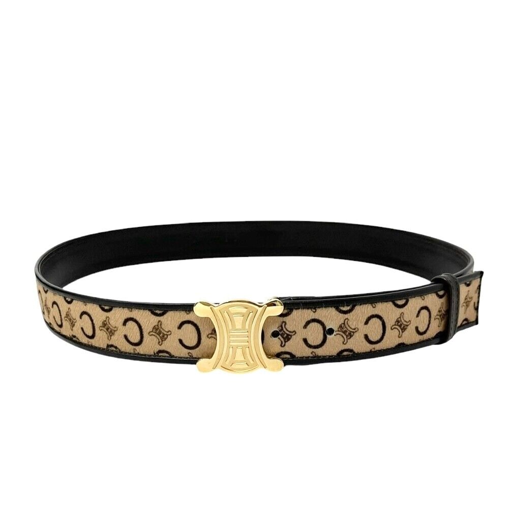 CELINE Vintage Macadam Logo Belt #32/80 Fashion Accessory Brown Gold Calf Hair