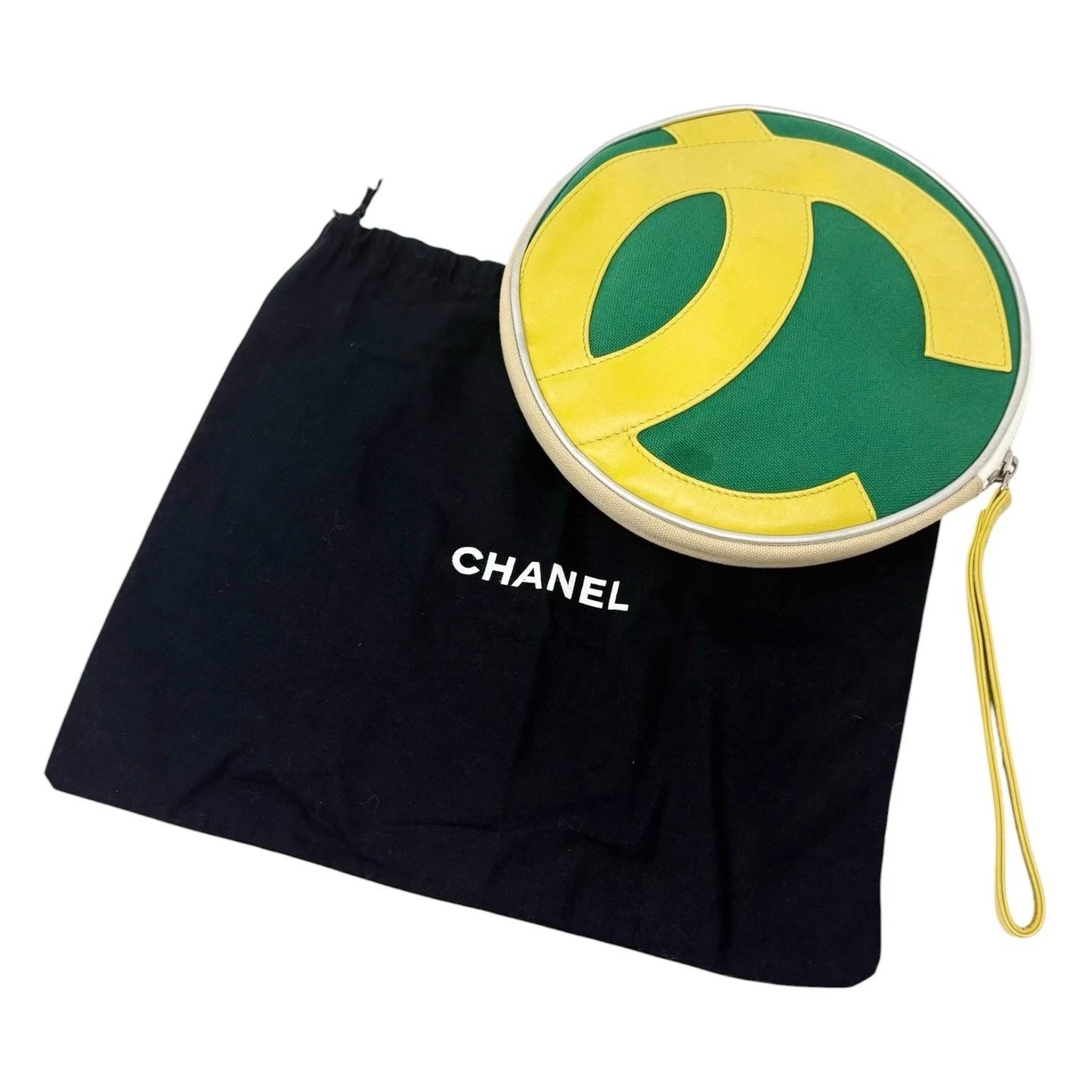 CHANEL Vintage CC Logo No.5 Round Clutch Pouch Bag Yellow Green Silver Cotton