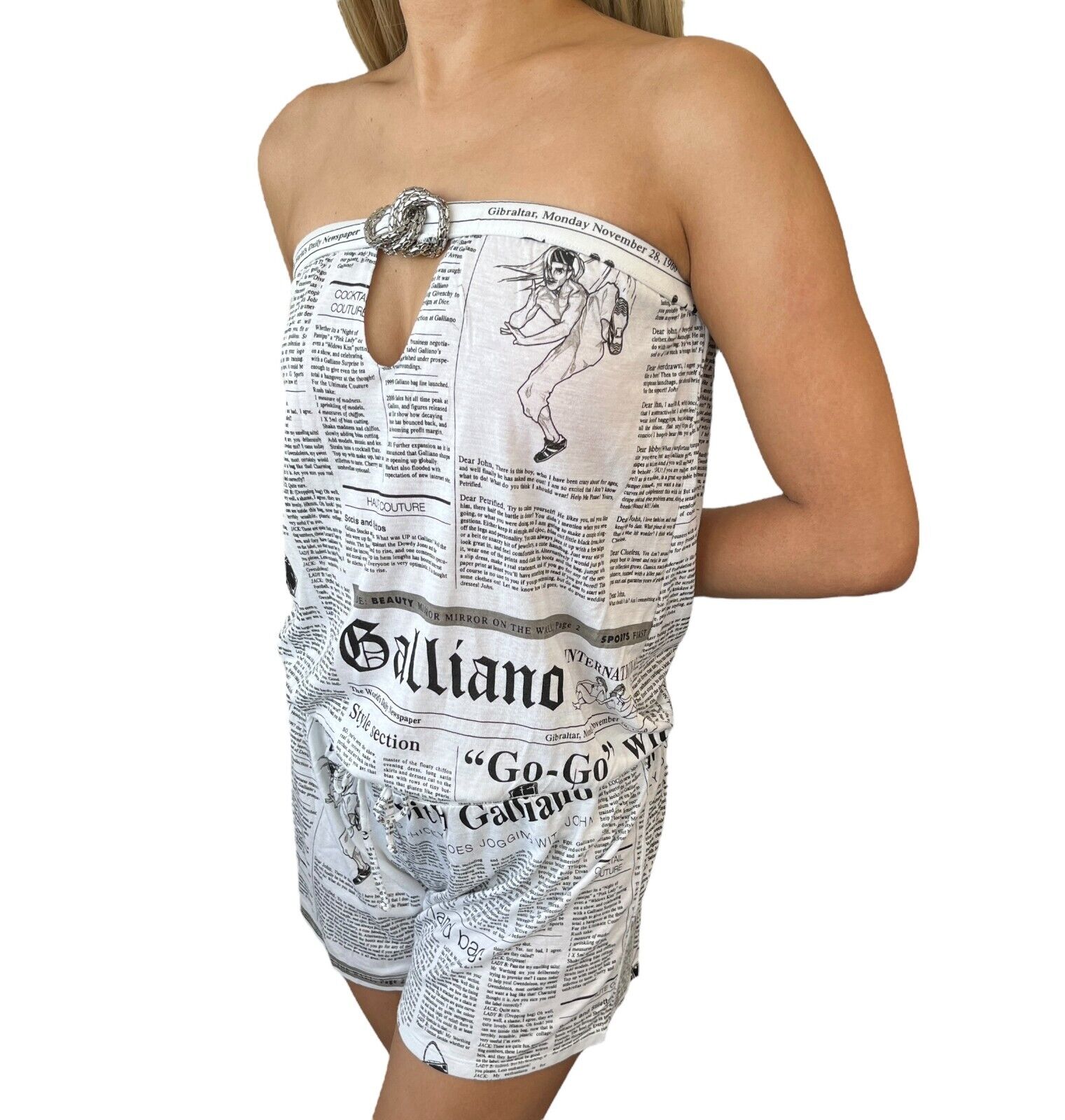 John Galliano Vintage Newspaper Rompers #38 White Black Cotton Blend Rank AB