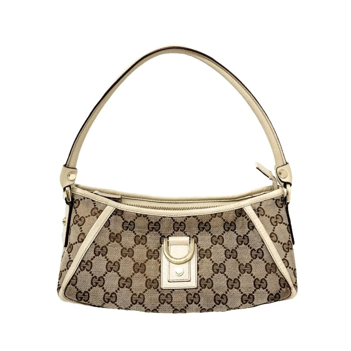 GUCCI Vintage GG Monogram Logo Shoulder Bag Zip Beige Silver Canvas Pochette