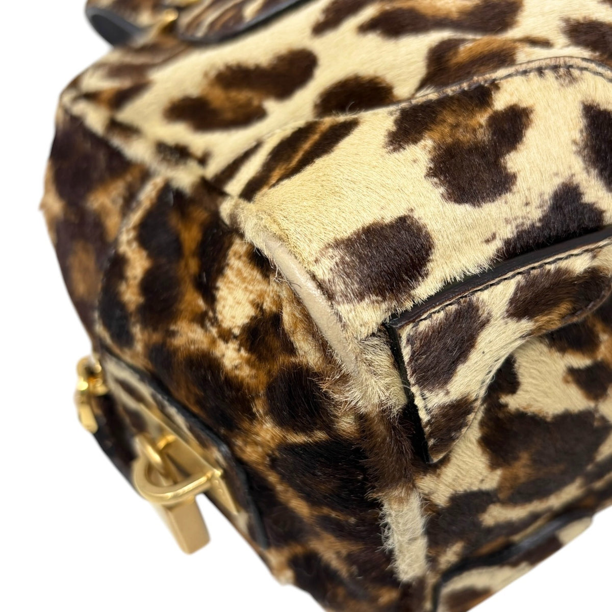 PRADA Vintage Leopard Pony Calf Hair Shoulder Top Handle Bag Cream Brown 902393