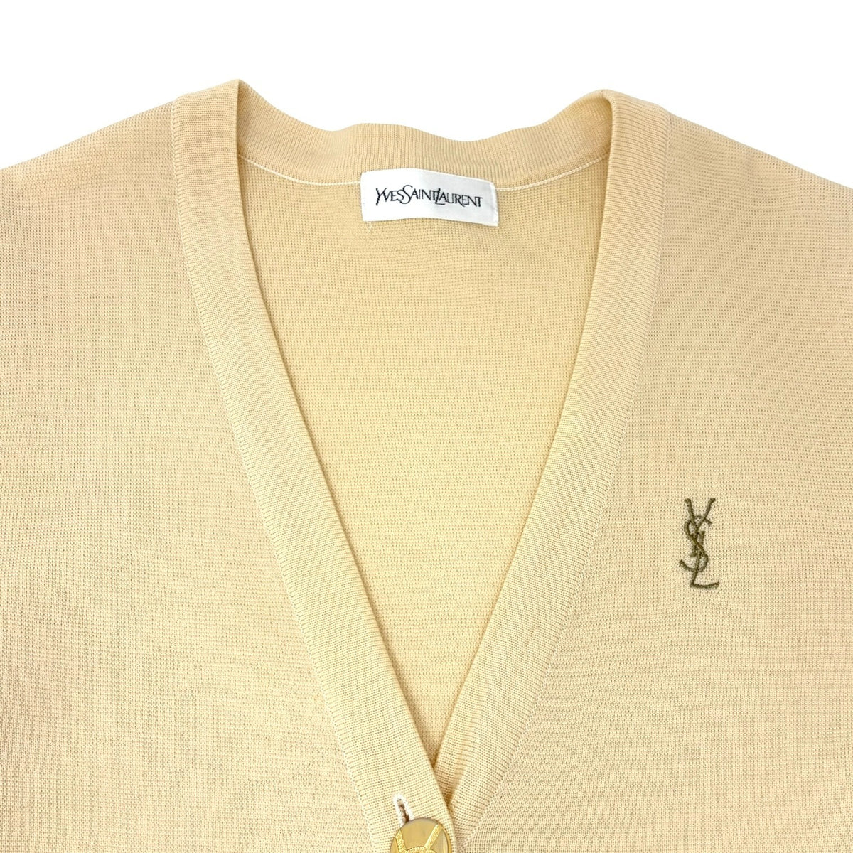 Yves Saint Laurent Vintage YSL Logo Cardigan Sweater Top Cream Gold 902375