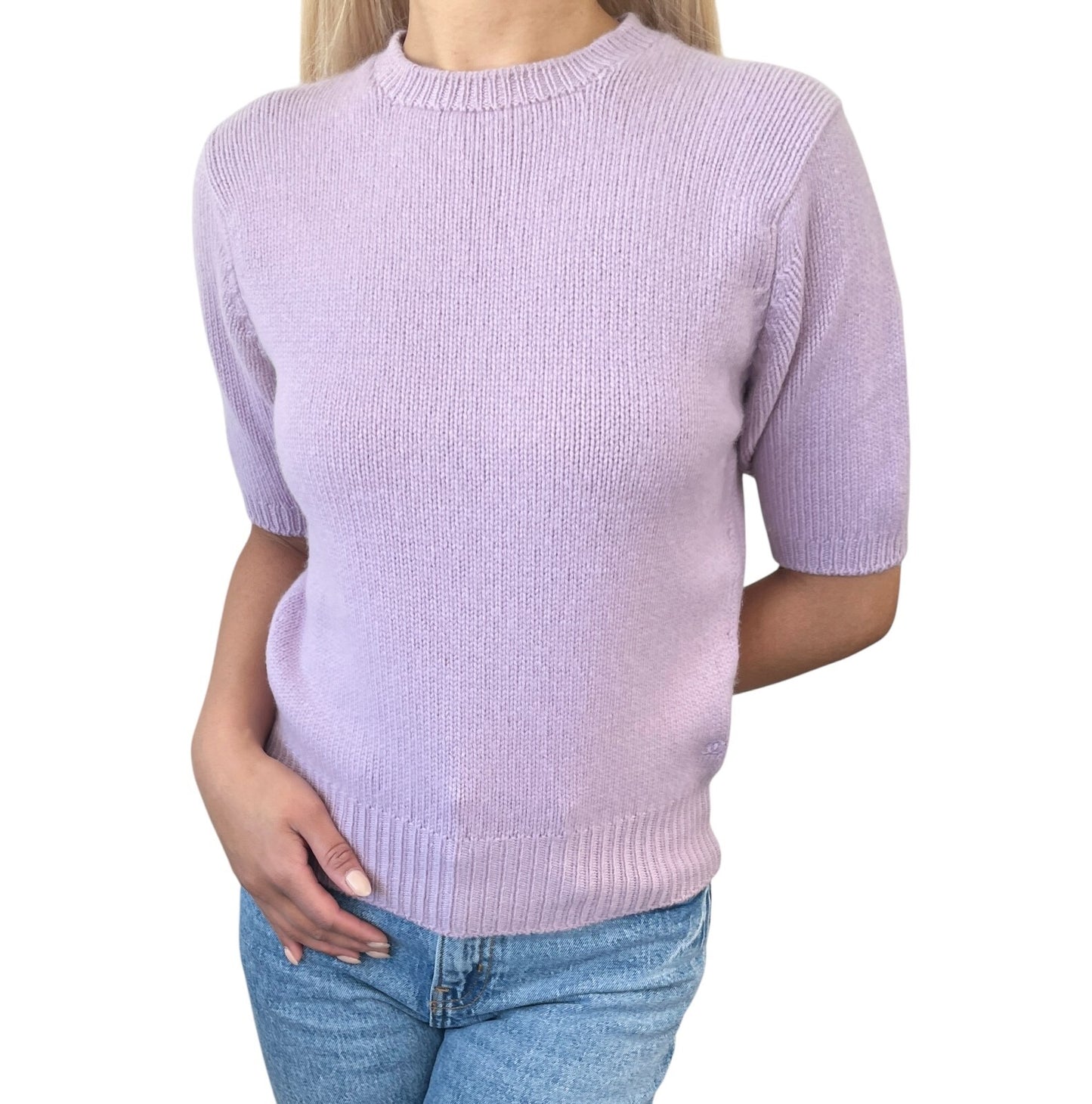 CHANEL Vintage CC Mark Logo Knit Sweater Top Short Sleeve Cashmere Purple