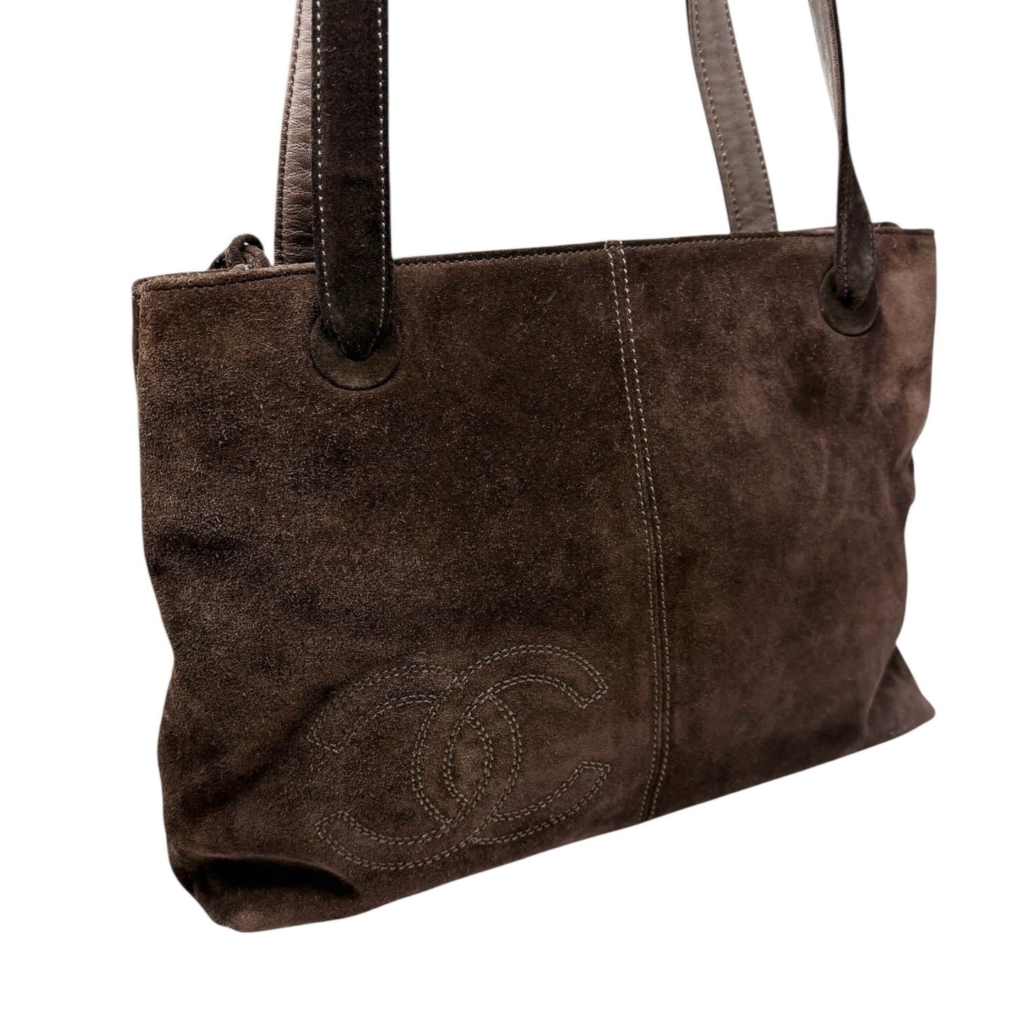 CHANEL Vintage Embroidered CC Logo Suede Tote Shoulder Bag Dark Brown Stitch