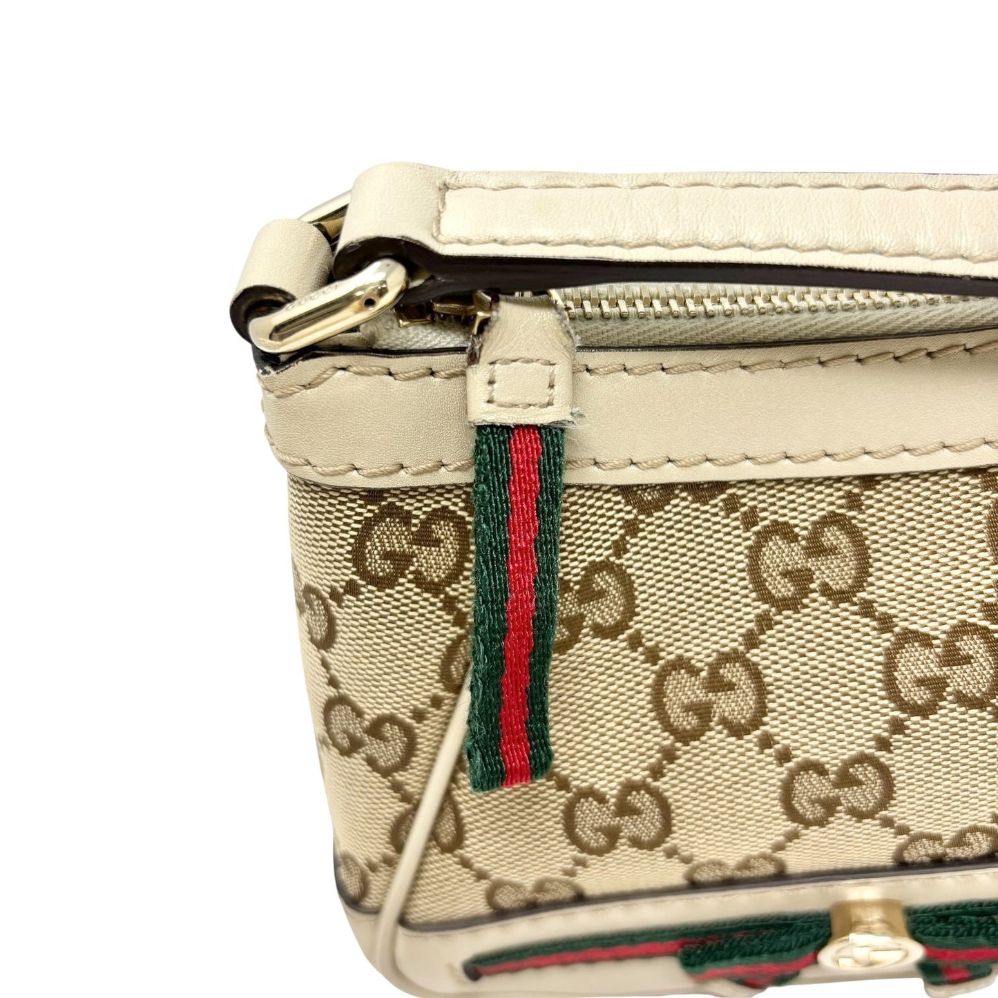 GUCCI Vintage GG Monogram Web Stripe Canvas Shoulder Bag Beige Ribbon 902570