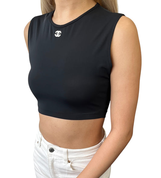CHANEL Vintage P95 CC Logo Cropped Tank Top #38 Sleeveless Black White 901964