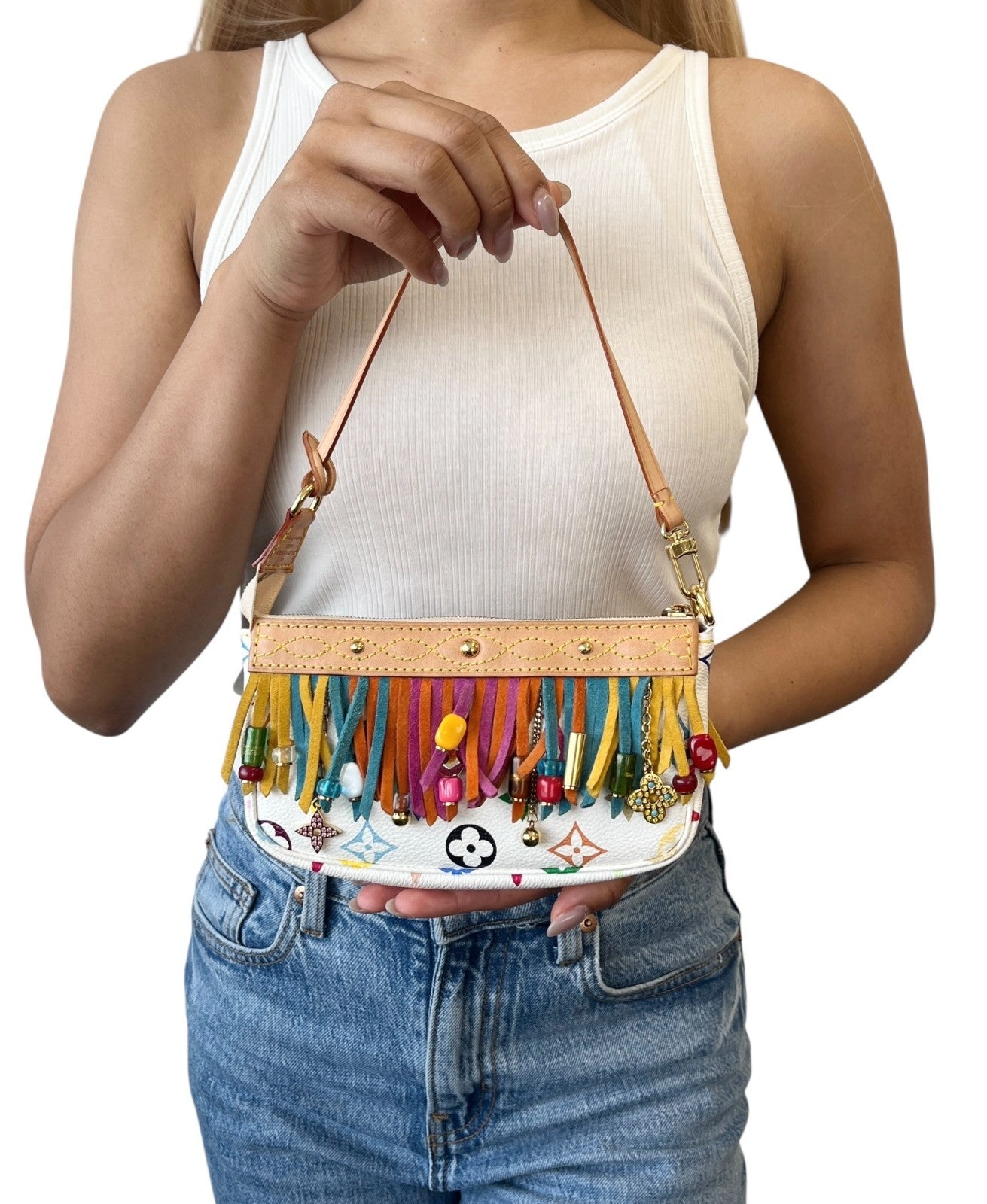 LOUIS VUITTON Vintage Monogram Multicolor Fringe Pochette Mini Bag White