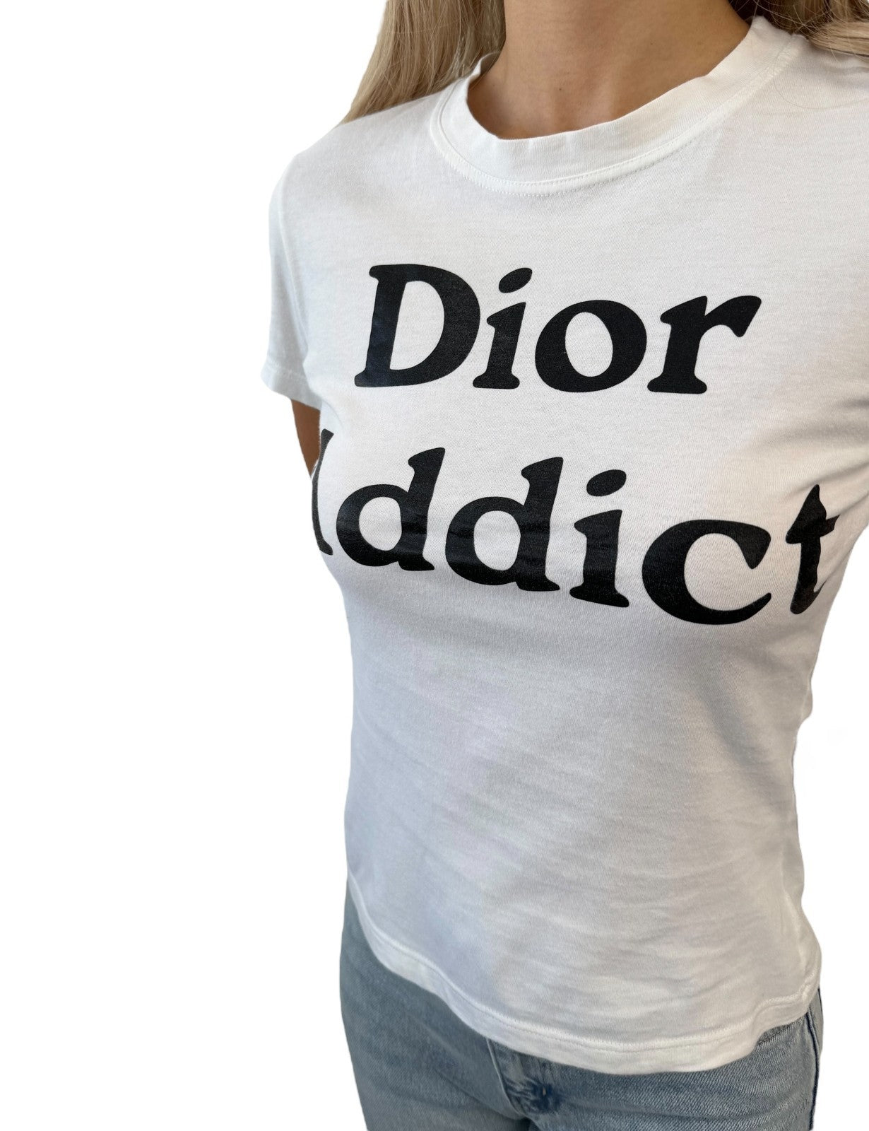 Christian Dior 2002 Vintage Addict Big Logo T-shirt Top #38 White Black Cotton