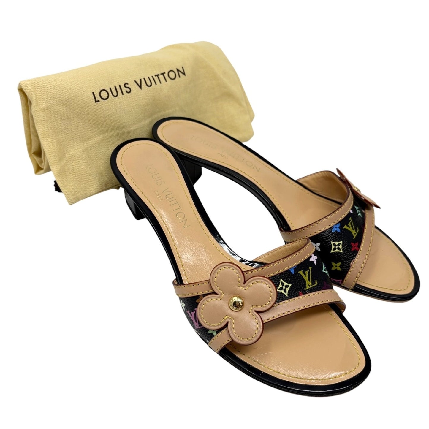 LOUIS VUITTON Vintage Monogram Multicolor Flower Sandals #38 Black 902406