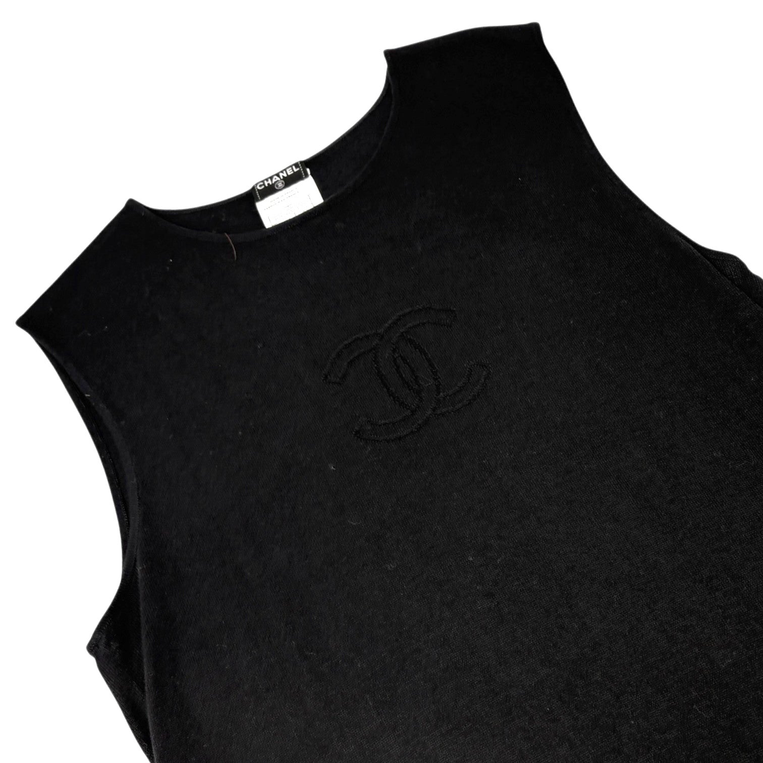 CHANEL Vintage 05C CC Logo T-shirt Knit Tank Top #42 Black Cotton Stitch
