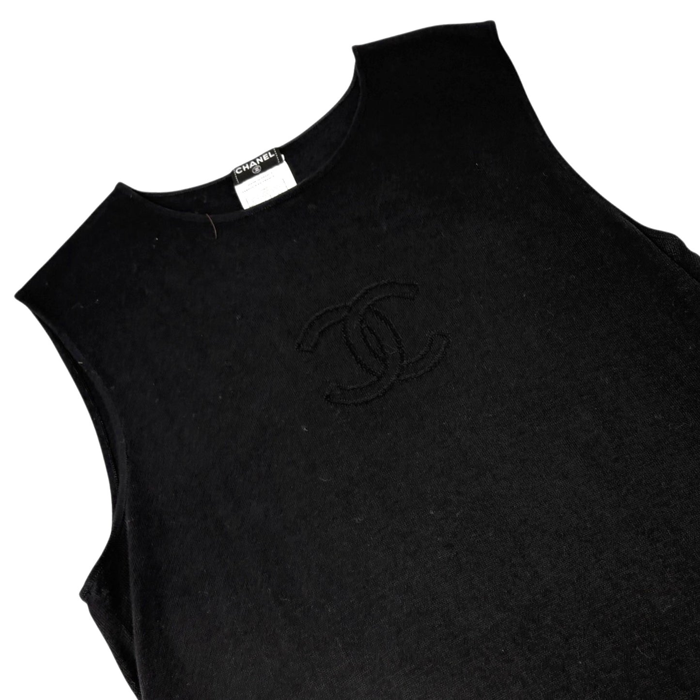 CHANEL Vintage 05C CC Logo T-shirt Knit Tank Top #42 Black Cotton Stitch