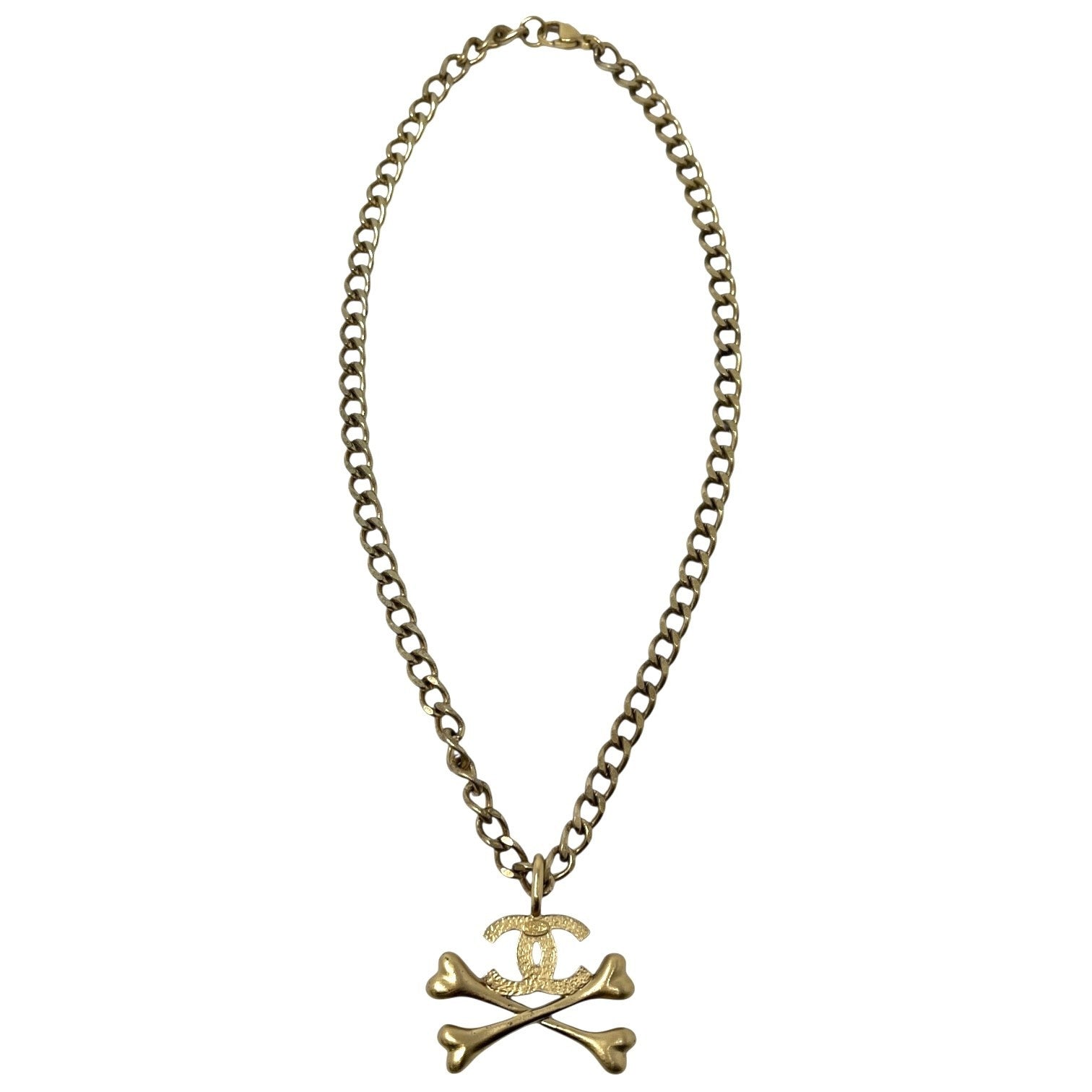CHANEL Vintage 03P CC Mark Logo Enamel Crossbones Pendant Necklace Gold Metal