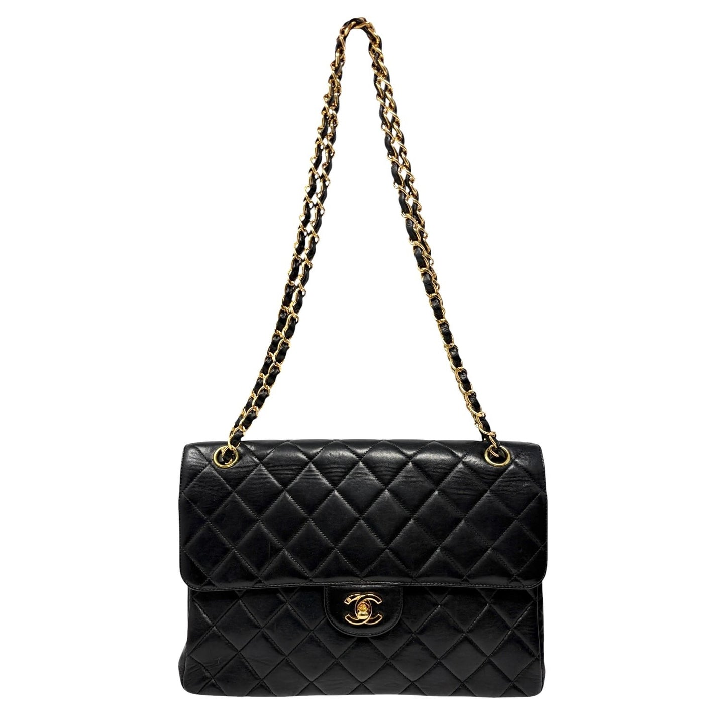 CHANEL Vintage CC Logo Quilted Double Flap Shoulder Bag Black Leather 902096
