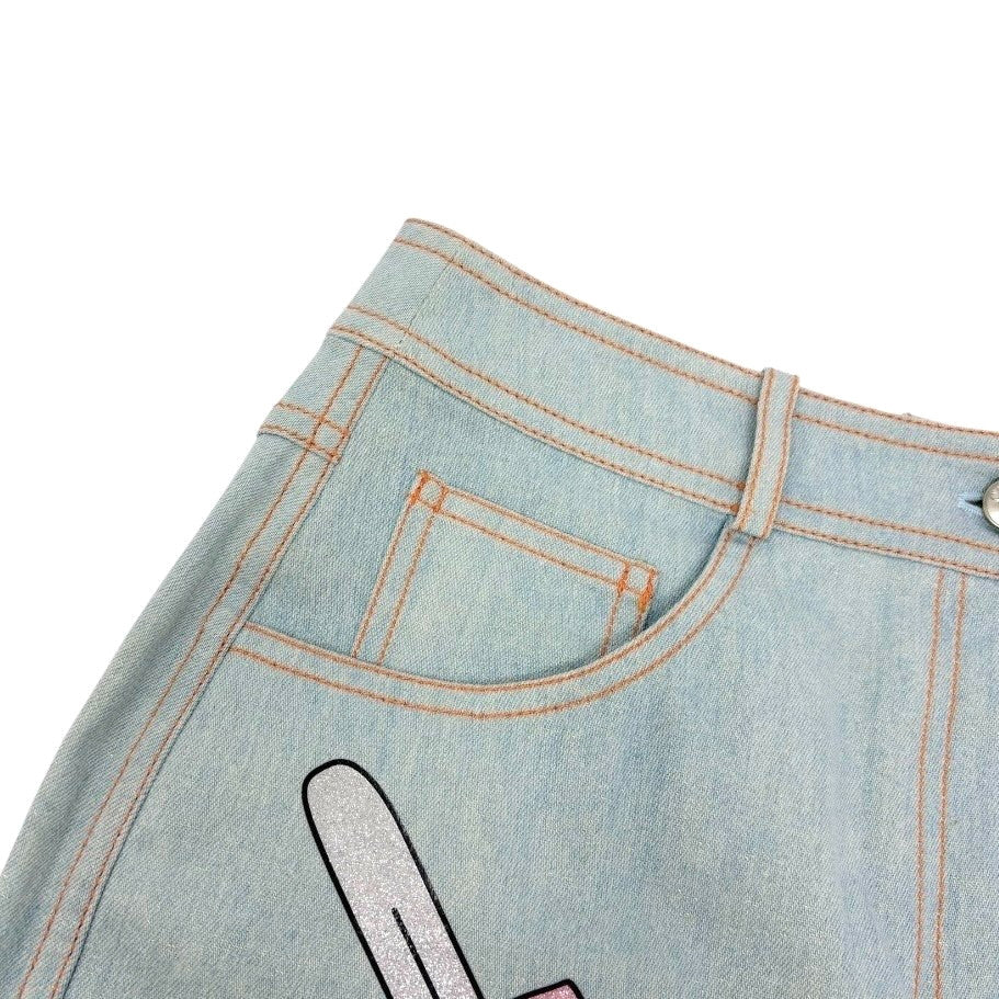 Christian Dior Vintage 2002 Glitter Denim Skirt Ice Cream Print #38 Blue Cotton