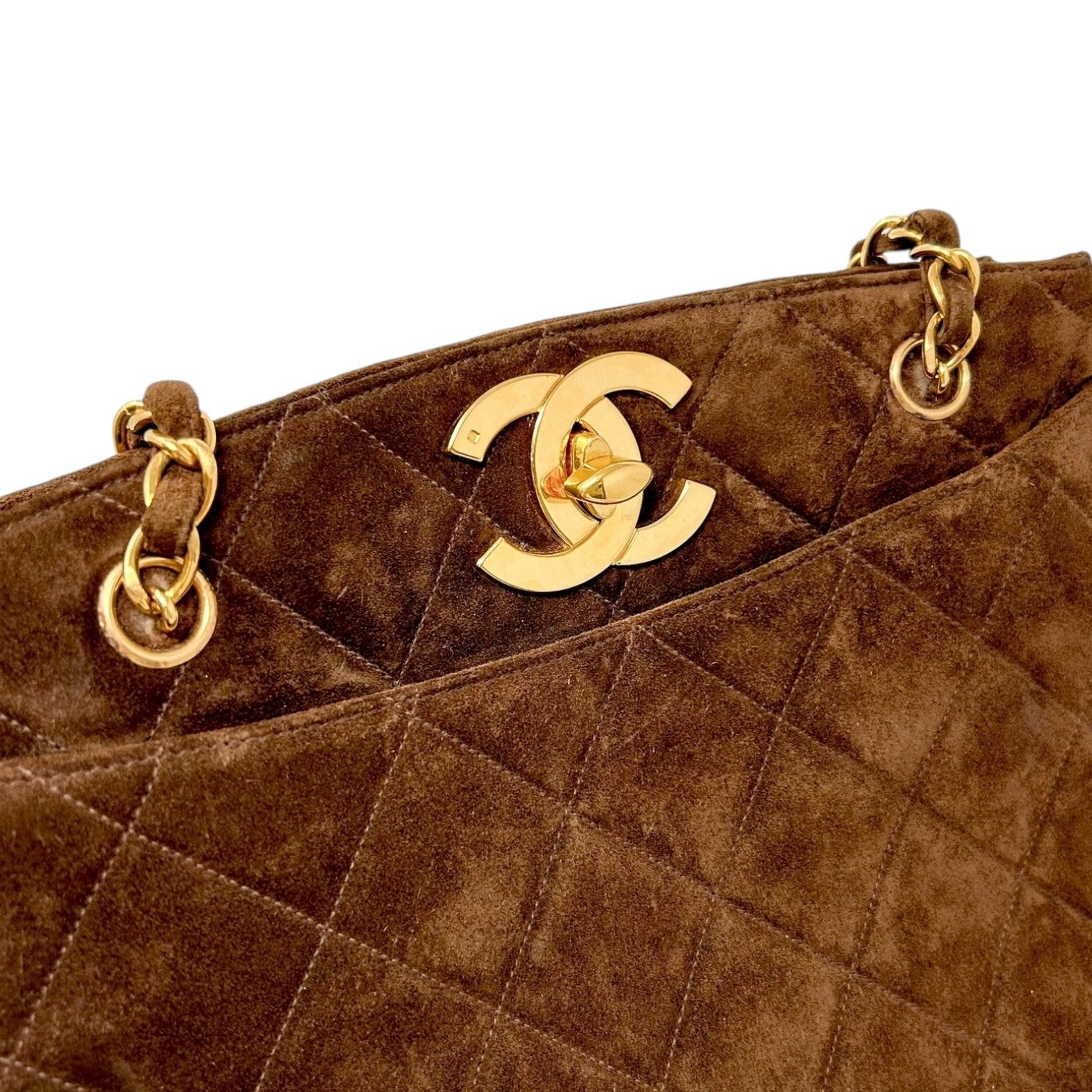 CHANEL Vintage CC Logo Matelasse Chain Shoulder Bag Turnlock Brown Gold Suede