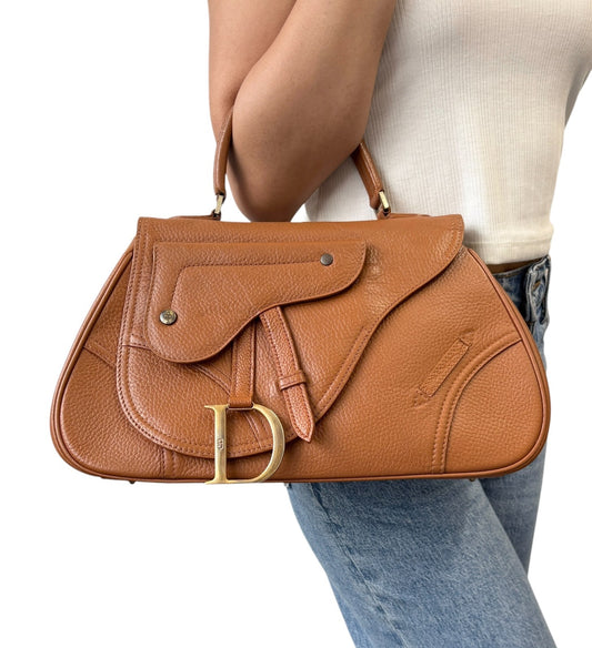 Christian Dior Vintage Double Saddle Leather Bag Handbag D Charm Brown 901941