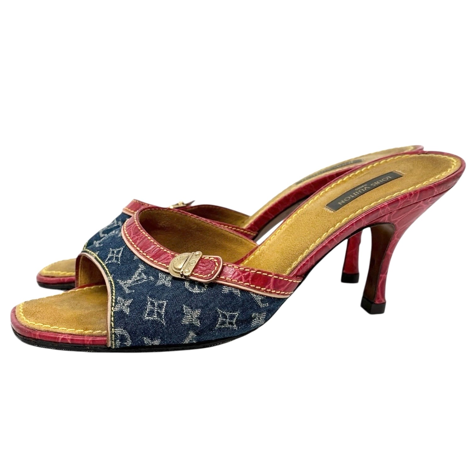LOUIS VUITTON Vintage Monogram Denim Mule Sandals Heels #39 Blue Red Leather