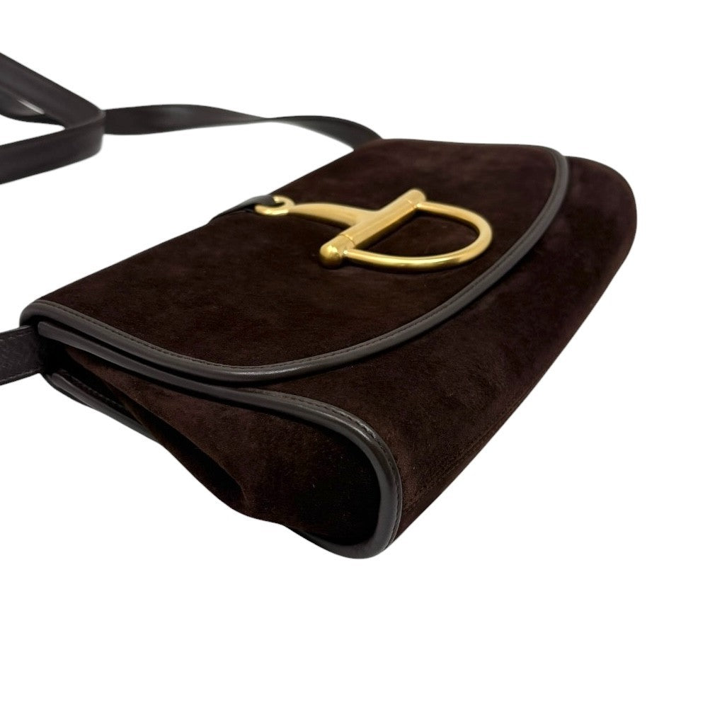GUCCI Vintage Logo Horsebit Crossbody Bag Brown Gold Suede Leather 902824