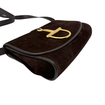 GUCCI Vintage Logo Horsebit Crossbody Bag Brown Gold Suede Leather 902824
