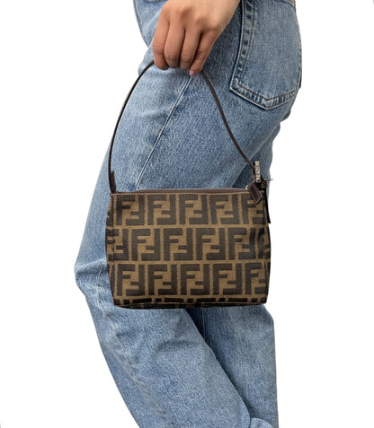 FENDI Vintage FF Logo Zucca Mini Shoulder Bag Beige Brown Pochette 902338