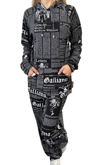 John Galliano Vintage Newspaper Print Hoodie Top Pants Set #XS Black 902549