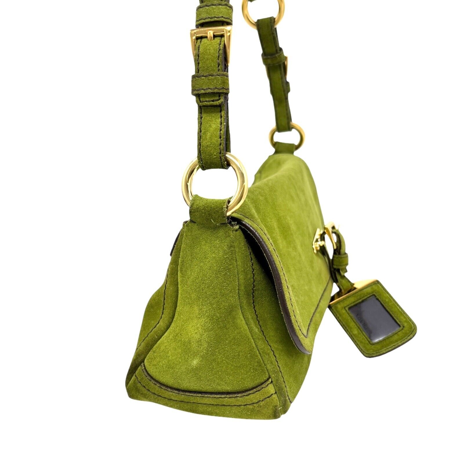 PRADA Vintage Logo Shoulder Bag Tote Handbag Suede Green Gold Luggage Tag