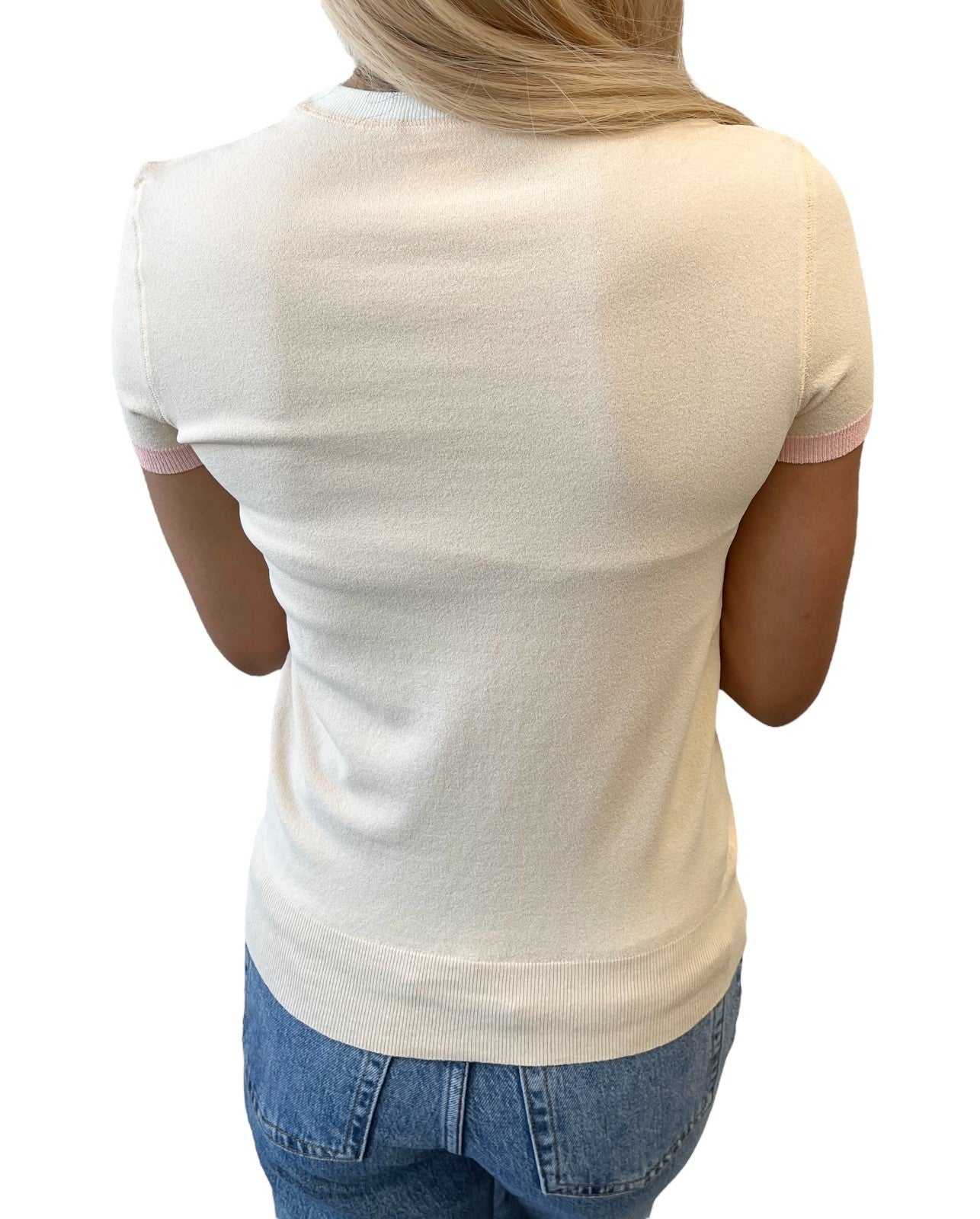 CHANEL Vintage 04C CC Mark Logo Bicolor T-shirt #38 Beige Pink White Rayon