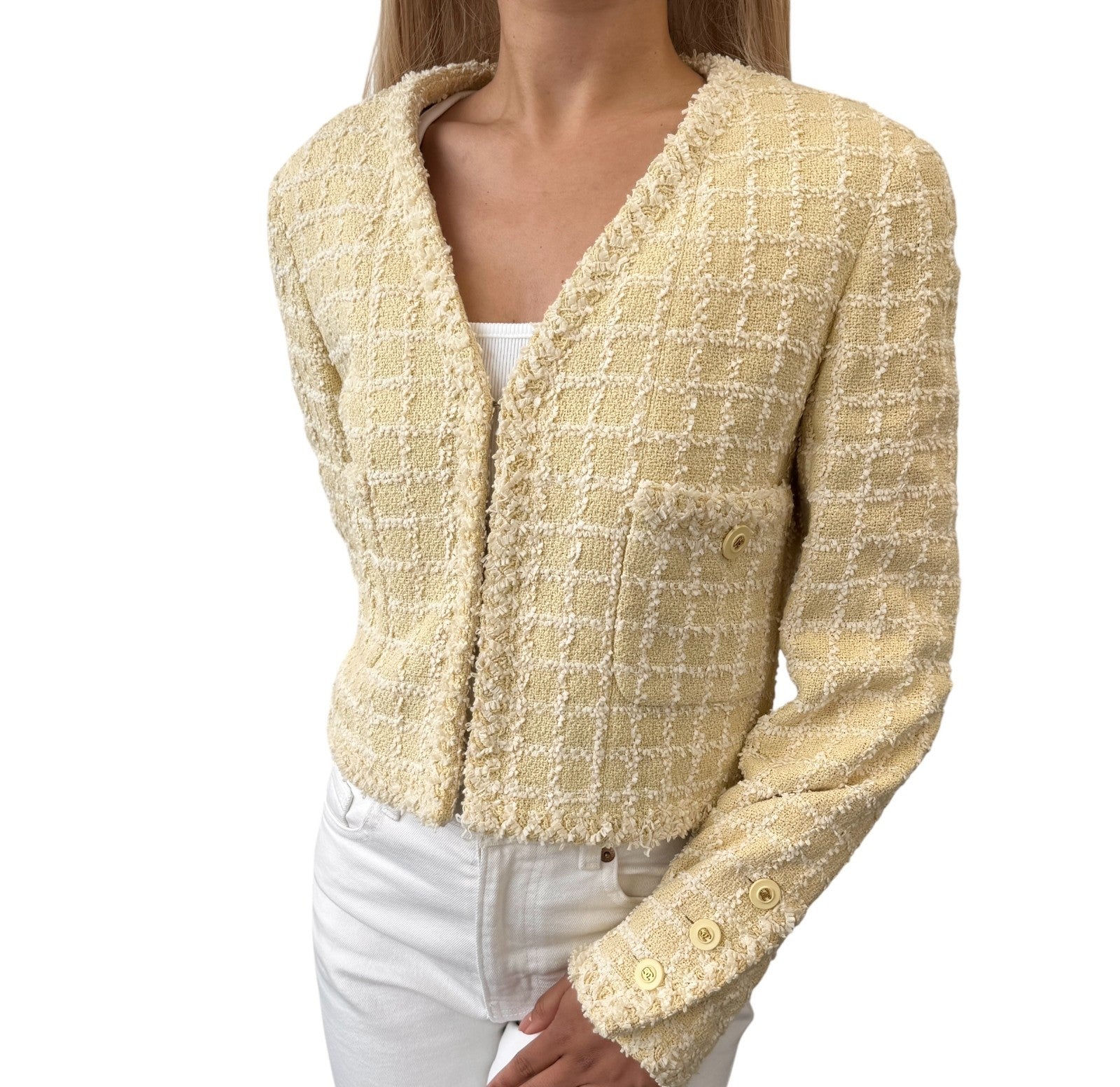 CHANEL Vintage 94P CC Mark Logo Tweed Jacket #38 Yellow White Cotton