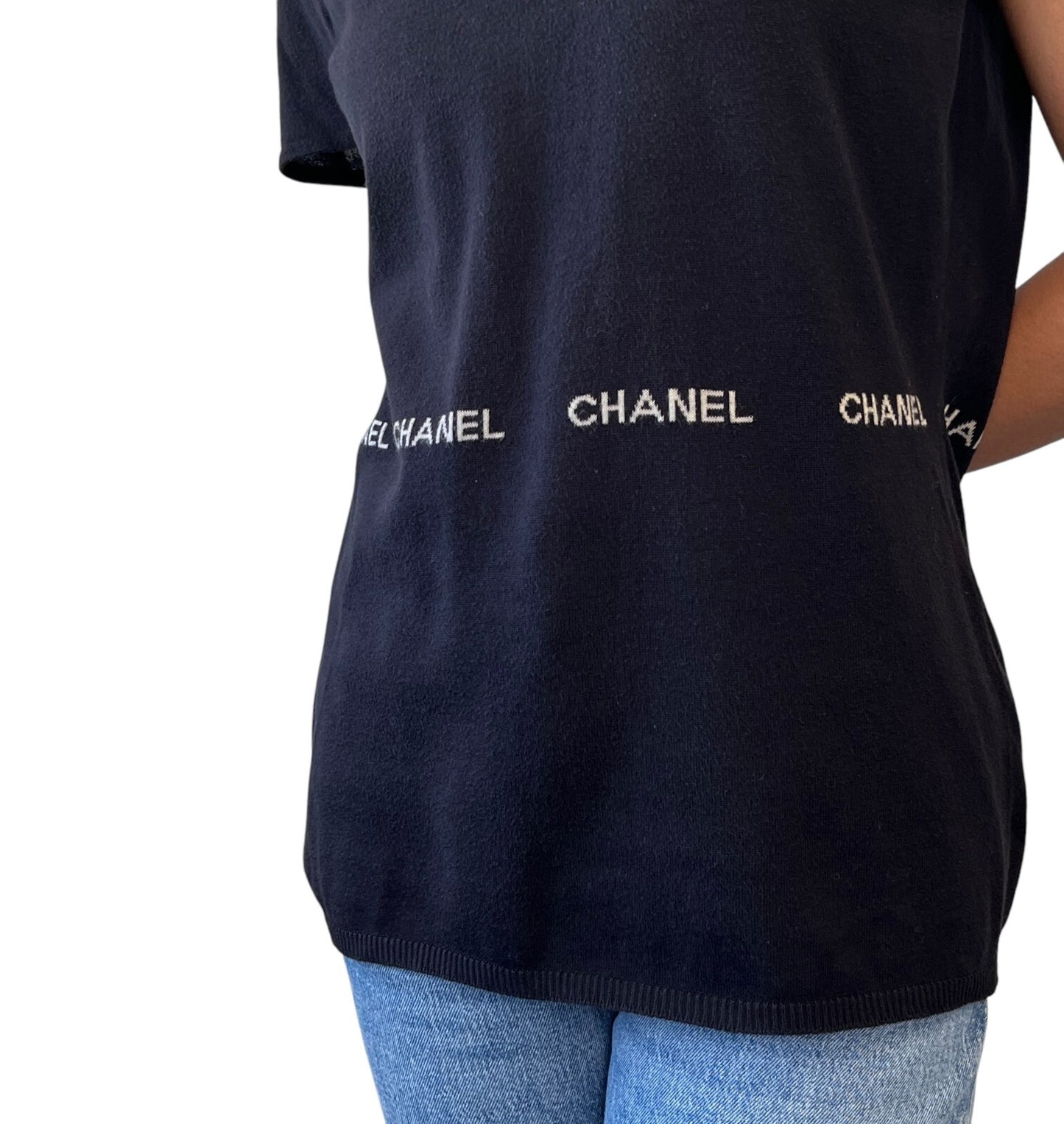 CHANEL Vintage 04P Logo Knit T-shirt Top #40 Round Neck Black White Cotton