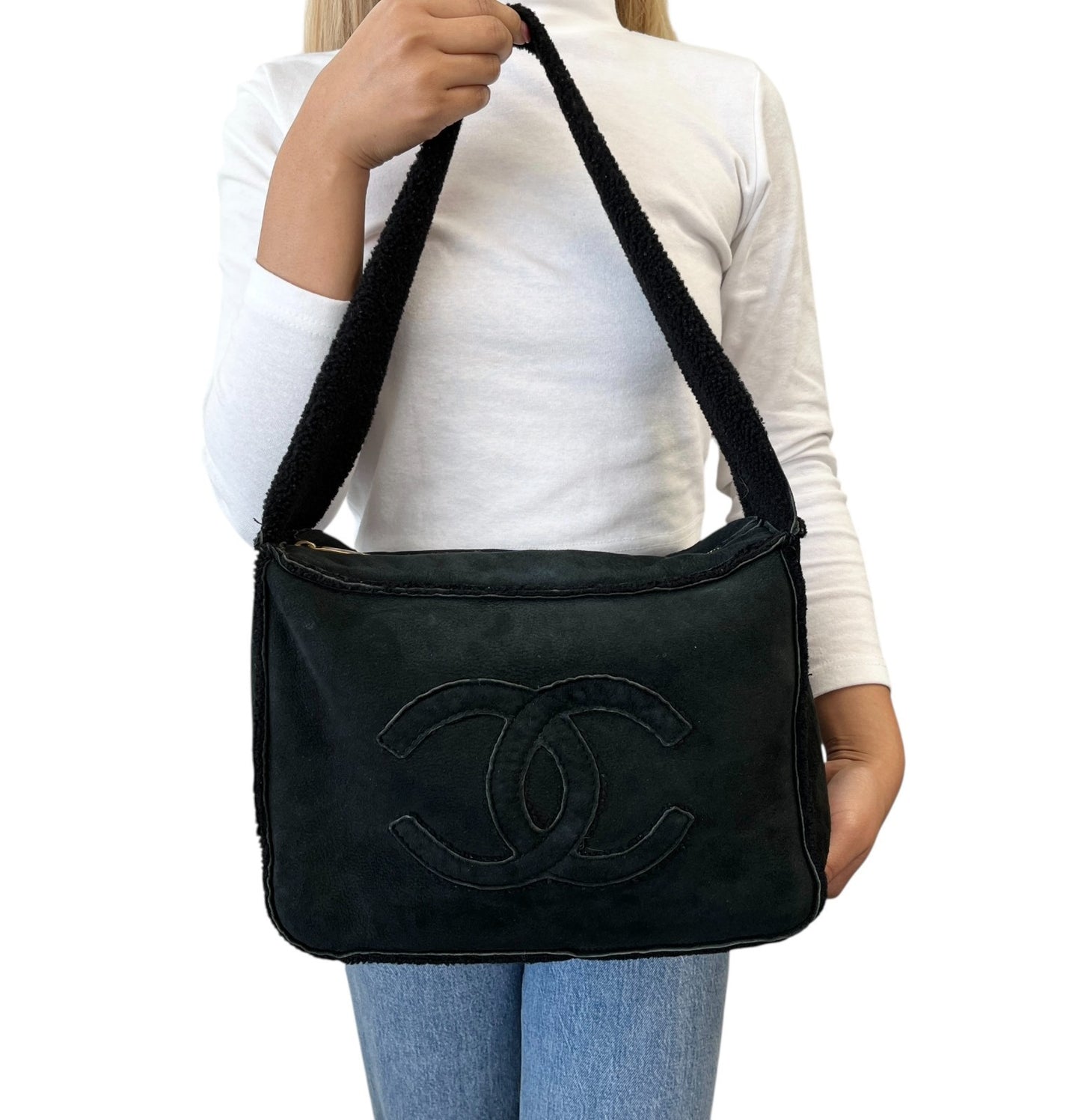 CHANEL Vintage Big CC Shearling Leather One Shoulder Bag Black Mouton Boa