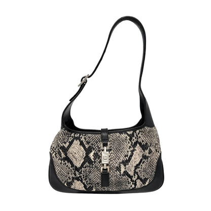 GUCCI Vintage Logo Jackie Snake Print Shoulder Bag Black White Nylon 901854