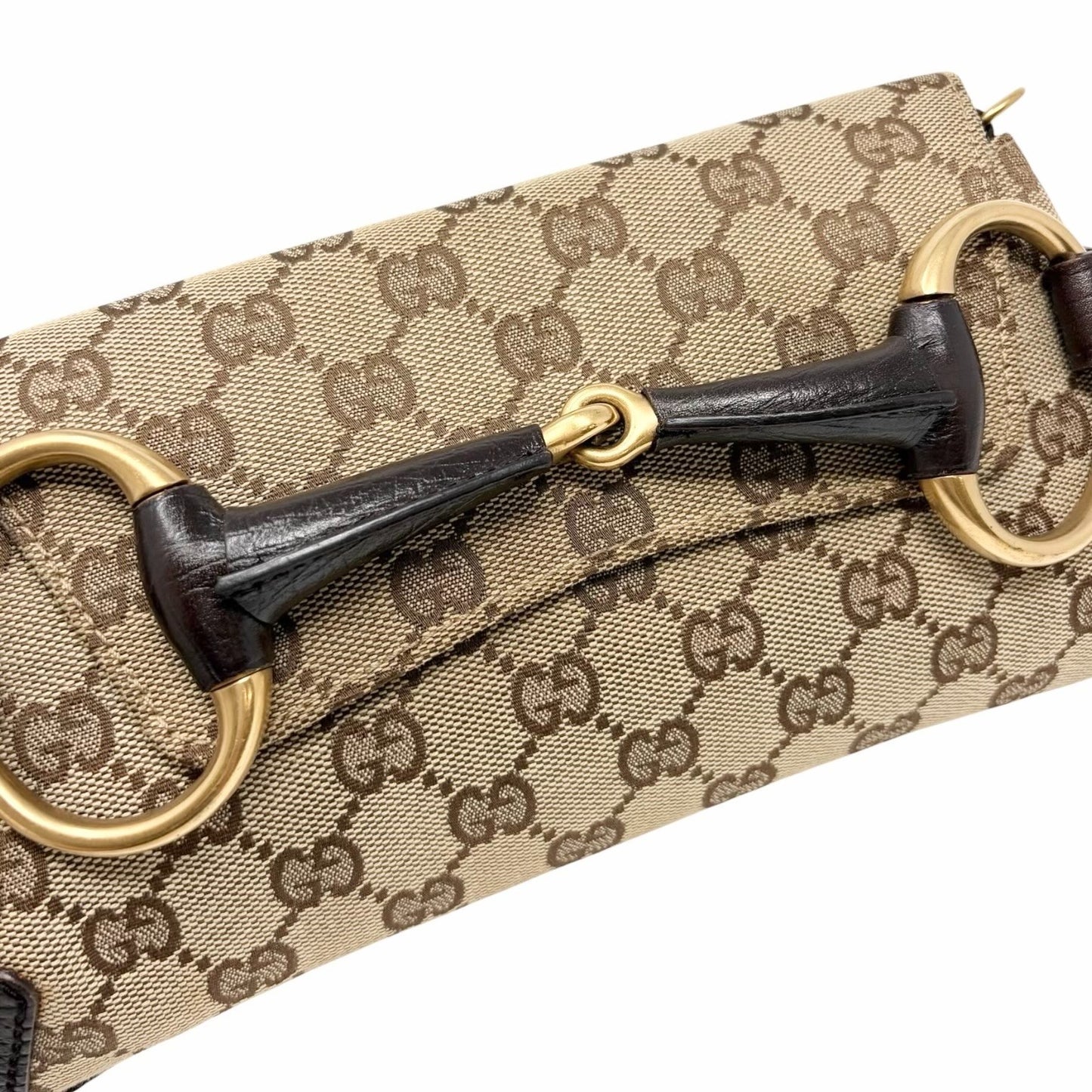GUCCI Vintage GG Monogram Logo Horsebit Shoulder Bag Brown Gold Canvas 902099