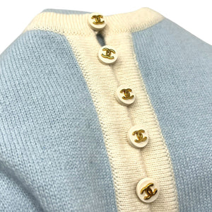 CHANEL Vintage 96C CC Logo Knit Cardigan #40 Sweater Light Blue Cashmere