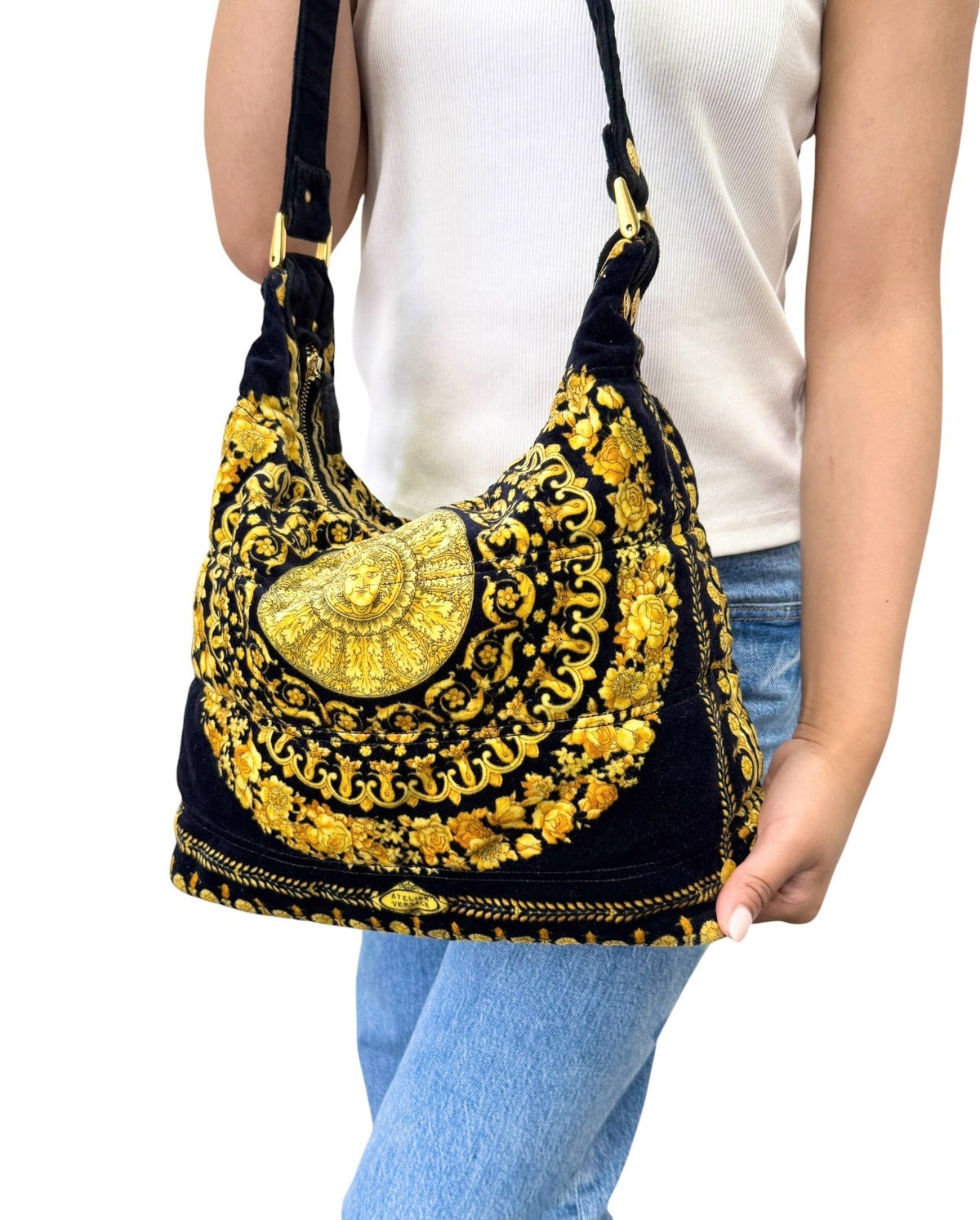 VERSACE Vintage Sunburst Logo Barocco Velvet Hobo Shoulder Bag Yellow 902307