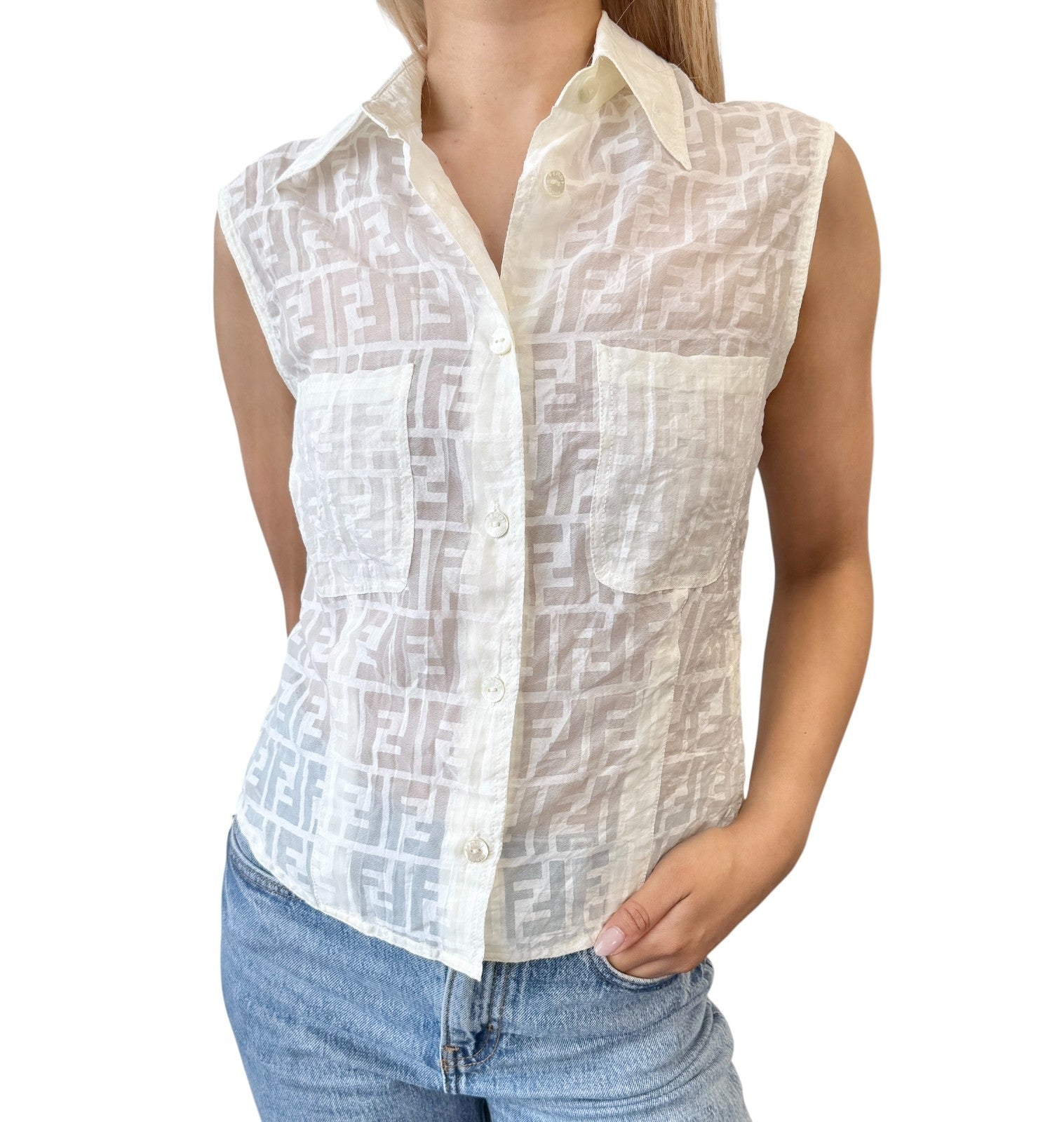 FENDI Vintage Zucca Monogram Logo See-thruogh Shirt #40 Cream Rayon Sleeveless