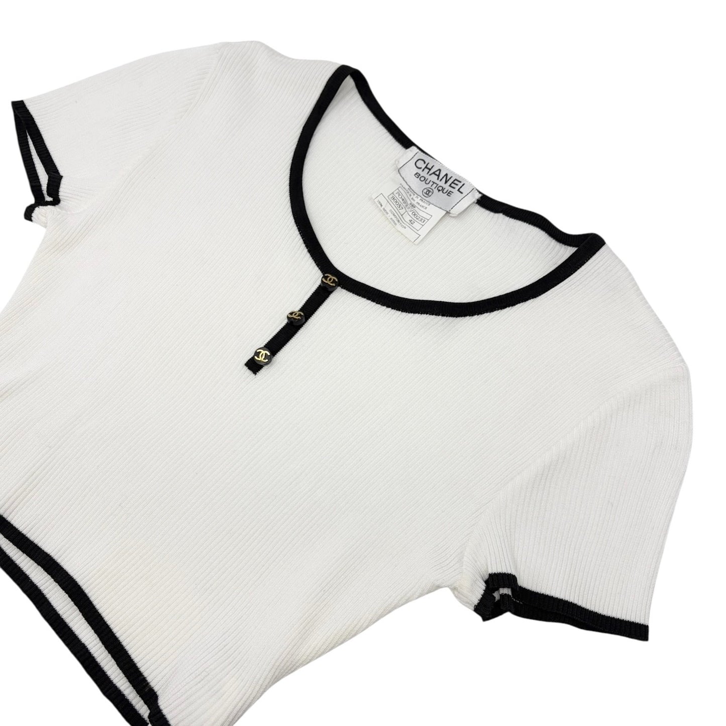 CHANEL Vintage 95P CC Logo Button Knit Cropped Ribbed T-shirt #42 White Cotton