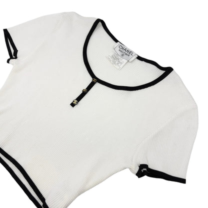 CHANEL Vintage 95P CC Logo Button Knit Cropped Ribbed T-shirt #42 White Cotton