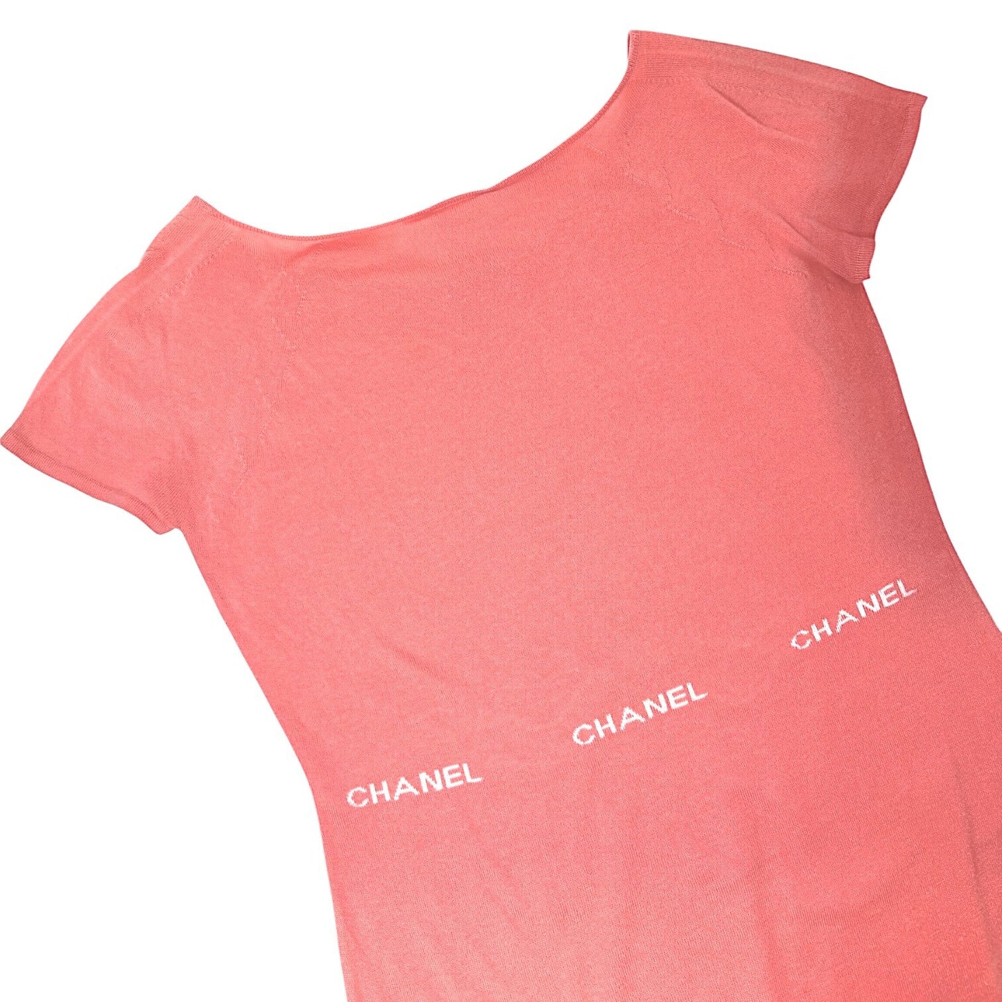 CHANEL Vintage 04P CC Logo Knit Top #38 Pink Orange Short Sleeve Round Neck