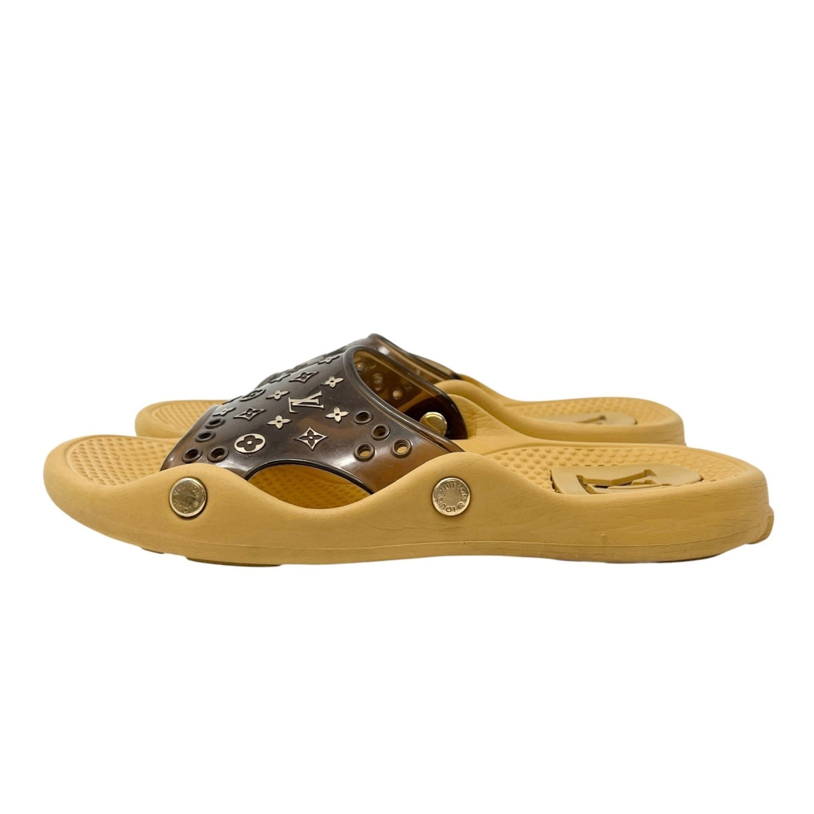 LOUIS VUITTON Vintage LV Monogram Logo Slide Sandals #36-37 Brown Beige Rubber