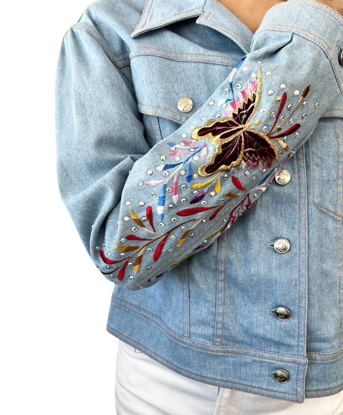 Christian Dior Vintage 2002 Denim Jacket #38 Embroidery Rhinestone Glitter Blue