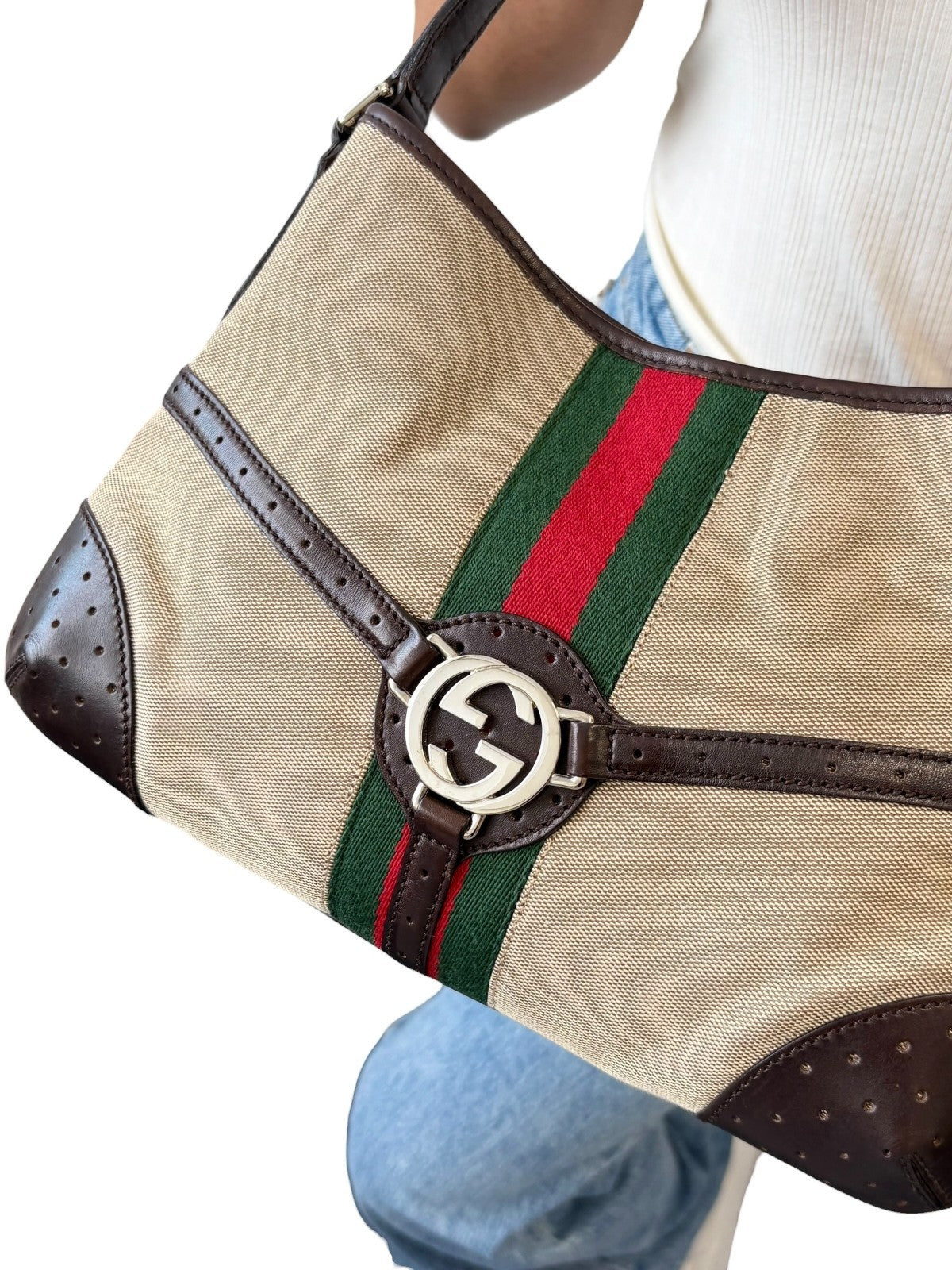 GUCCI Vintage GG Logo Interlocking Web Stripe Canvas Hobo Bag Brown 902209