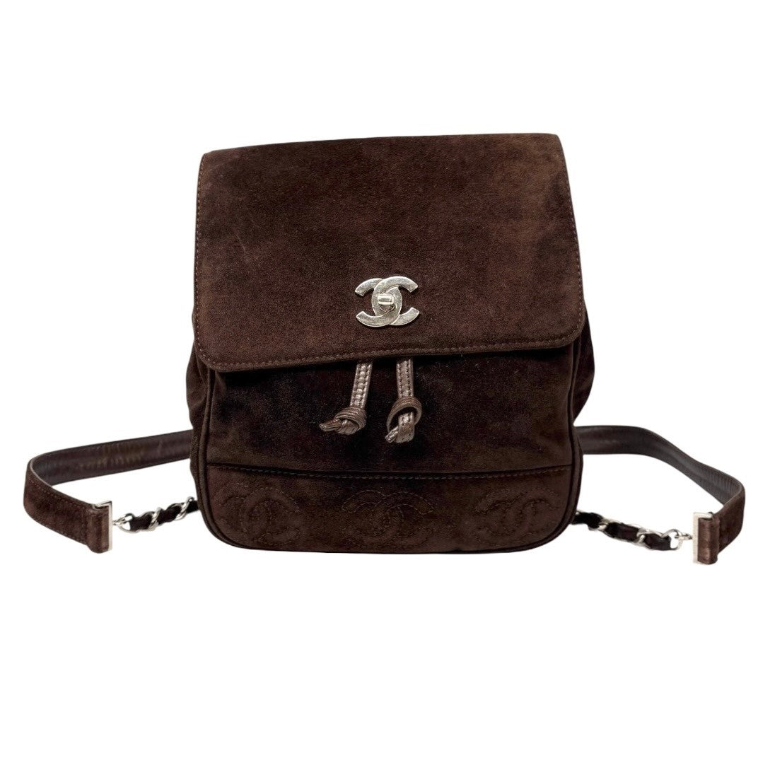CHANEL Vintage CC Mark Logo Turn Lock Backpack Stitch Brown Silver Suede