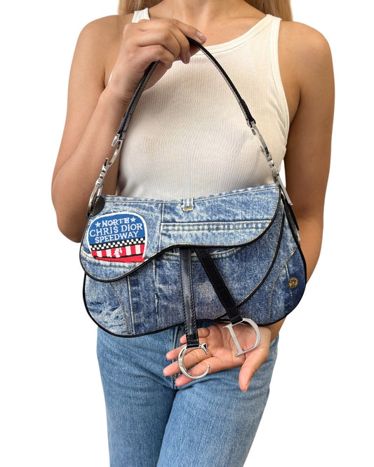 Christian Dior Vintage 2001 Speedway Denim Saddle Bag Blue Black Cotton