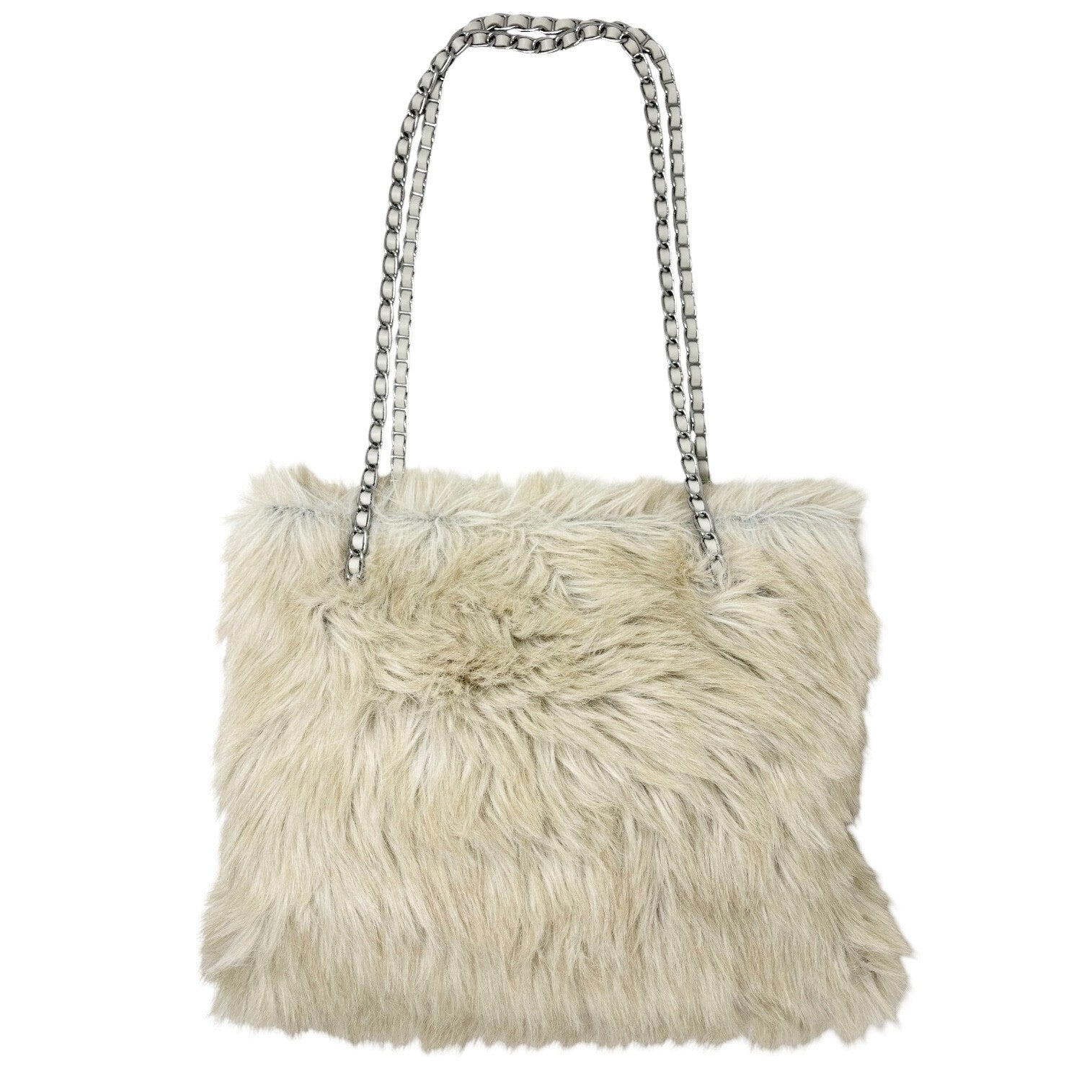 PRADA Vintage Logo Chain Tote Bag Medium Cream Silver Faux Fur Leather Rank AB