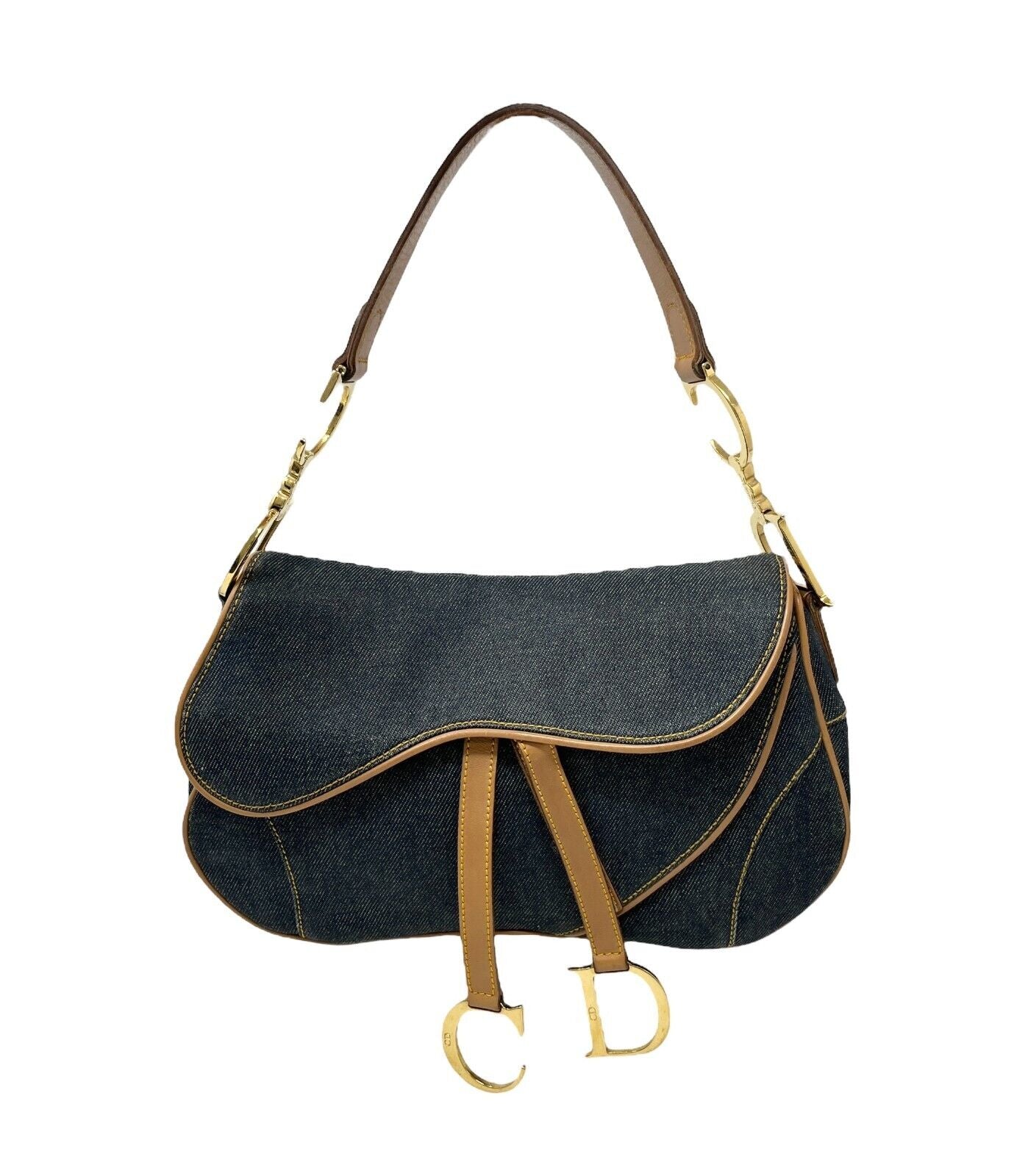 Christian Dior Vintage Double Saddle Bag Denim Dark Blue Brown Cotton Rank AB