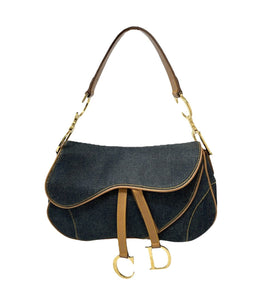 Christian Dior Vintage Double Saddle Bag Denim Dark Blue Brown Cotton Rank AB