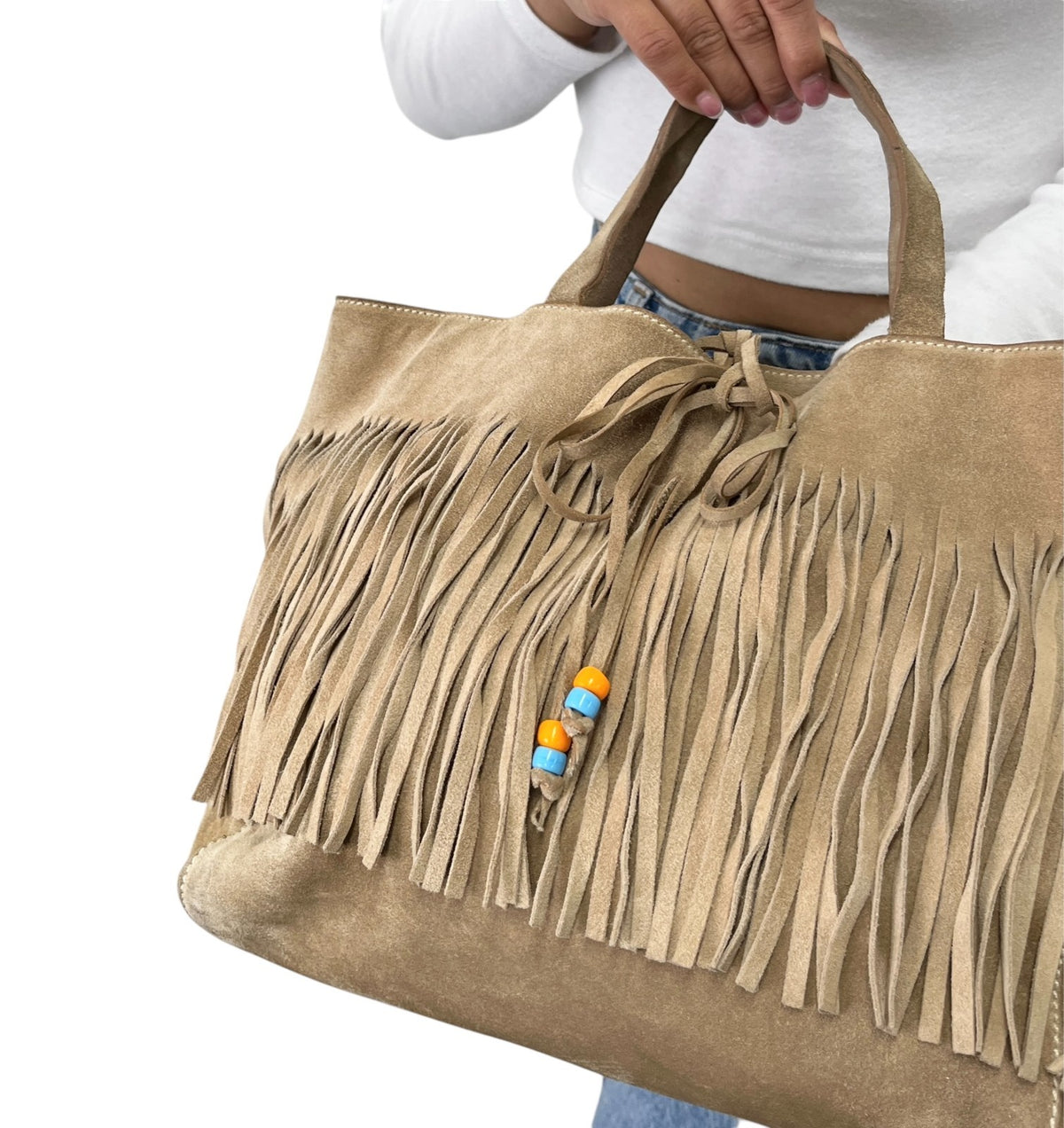 miu miu Vintage Fringe Ribbon Beads Top Handle Tote Bag Beige Suede 902477