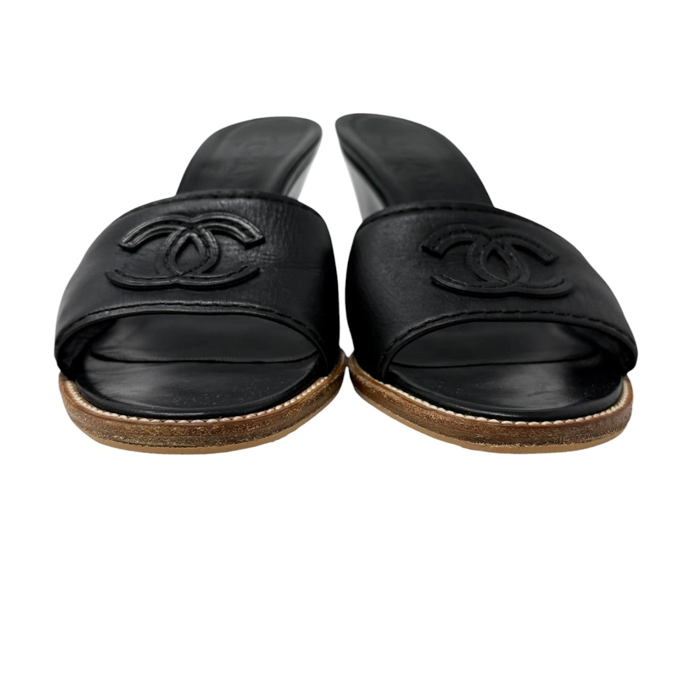 CHANEL Vintage CC Logo Slide Sandals Heels #36.5 Black Brown Leather 901943