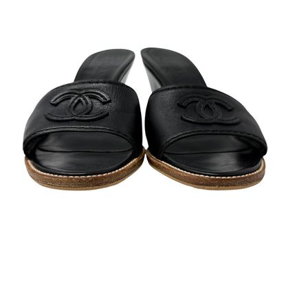 CHANEL Vintage CC Logo Slide Sandals Heels #36.5 Black Brown Leather 901943